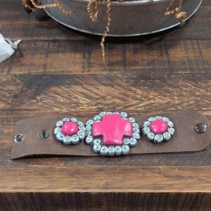 Brown Leather Bracelet with Pink Accents